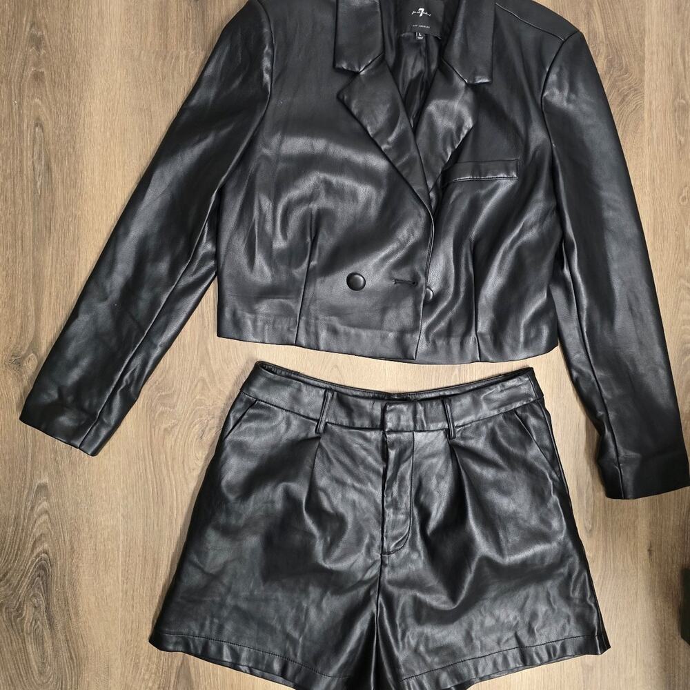 7 For All Mankind Womenβs Black Faux Leather Set Crop Jacket And Shorts sz L